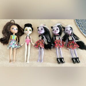 Enchantimals dolls lot of 5 sage skunk/cherish cheetah/preena penquin
